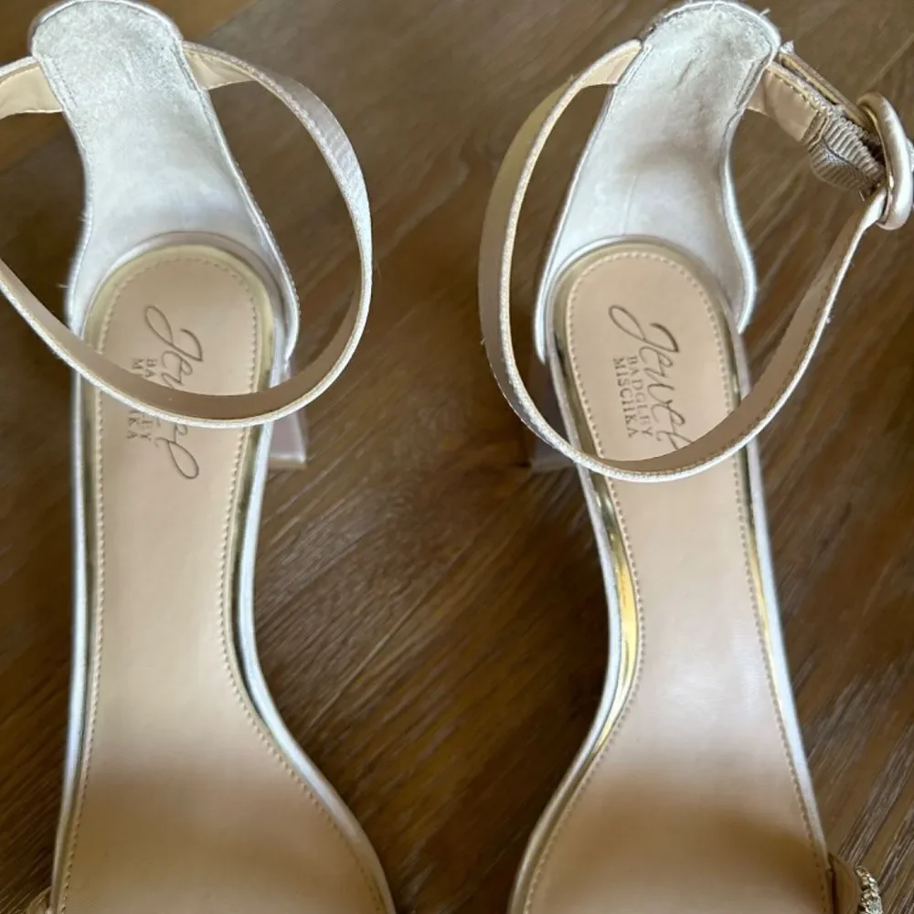 JEWEL BADGLEY MISCHKA James Block Heel Sandal Champagne Satin Rhinestone 9